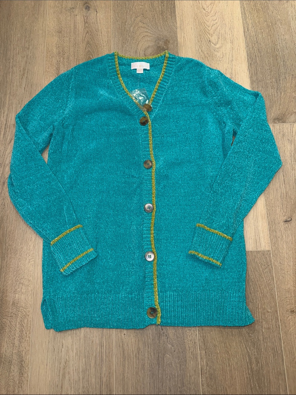 NWOT Belle by Kim Gravel Teal Cardigan with Chartreuse Trim